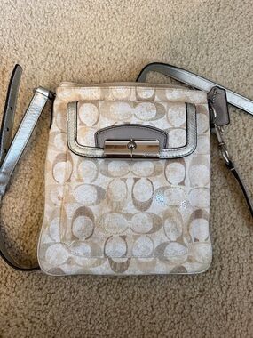 Coach Cream and Silver Signature Crossbody Bag